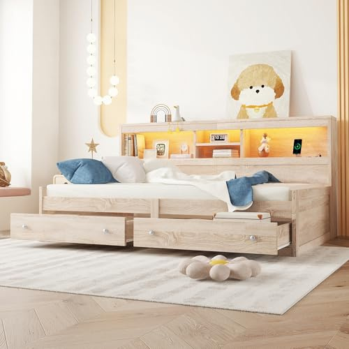 Tagesbett Holzbett 90x200, Multifunktionsbett mit USB-Steckdose, LED Beleuchtung&2 Schubladen&Ablagefächern, Einzelbett Jugendbett Bettgestell Gästebett Daybett mit Lattenrost, Ohne Matratze, Natur