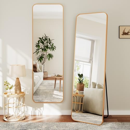Dripex Grand Miroir 150×40cm avec Coins Arrondis, Miroir sur Pied ou Suspendu avec Cadre en Alliage d'Aluminium Idéal pour Dressing, Chambre à Coucher, Salon-Or
