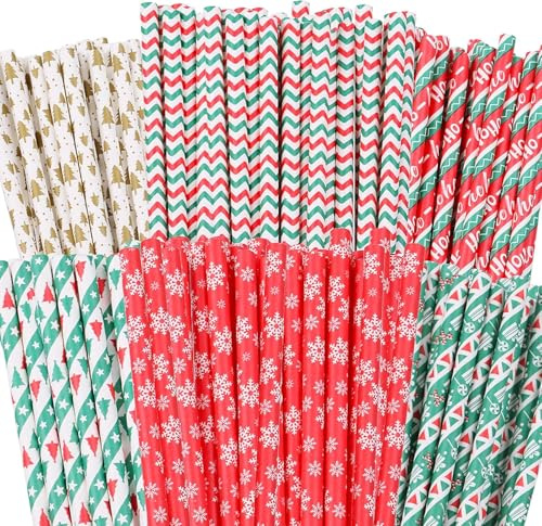 SULOLI 150 Piezas Pajitas de Papel Coloridas，6 Estilos de Pajitas de Copo de Nieve para Àrbol de Navidad，Pajillas Reciclables para Bodas，Fiestas，Cumpleaños