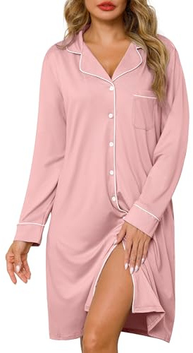 Lovasy Chemise de Nuit en Coton Femme Manche Longue Robe de Nuit Chaud | Boutonnée Devant Vêtement de Nuit Col en V avec Poches Latérales