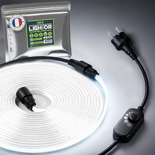 Lightor® Link 10 – Éclairage de chantier 220 V COB – ruban LED 10 m, lumière continue, variateur intégré et extensible sans outil – kit complet IP65 étanche pour usage intérieur/extérieur