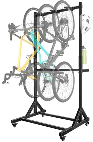 monTEK Freestanding Bike Stand for 3 Bikes & 4 Helmets, Holds up to 95kg | Heavy Duty Steel Bike Stroage Rack with Wheels, Adjustable Height, Mobile Bike Floor Stand for Garage, No Drilling Required