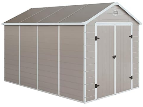 Jôbu Abri de Jardin en Résine Beige 8,90m² | Structure Acier Galvanisé | Hauteur Faîtage 239cm avec Kit de Fondation | Double Porte Verrouillable et Fenêtre
