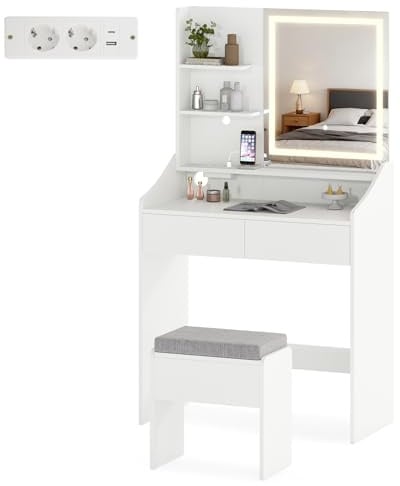 GIANTEX Schminktisch mit LED-Beleuchtung und USB-Steckdose | Frisiertisch aus Holz mit Hocker, offenen Regalen und 2 Schubladen für Salon und Schlafzimmer, Weiß