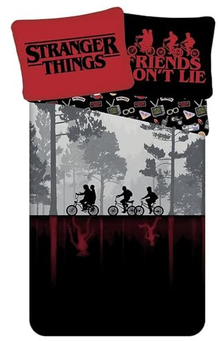 Jerry Fabrics Stranger Things Upside Down Einzelbettbezug und Kissenbezug Set, Europäische Größe für Kinder, Teenager, Fans in Schwarz und Rot Farben