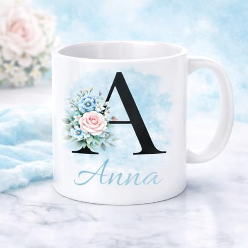 SUBLIX Personalised Floral Initial Mug 11oz – Custom Name Ceramic Coffee & Tea Cup – Microwave & Dishwasher Safe – Gift for Her, Mum, Birthday, Christmas (Light Blue)