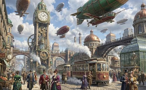 Steampunk Stadt Puzzle 1000 Teile, Freizeitspiel für Erwachsene | 1000 Teile-Puzzle, Größe 70x50cm, ab 14 J., Thema Steampunk Stadt für Denkspiel für Erwachsene, Geschenk und Wanddeko.