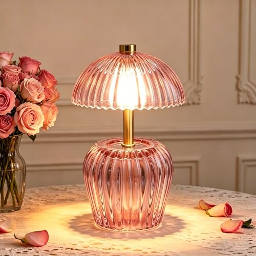 ONXE Battery Operated Mushroom Lamp, Small Cordless Glass Table Lamp with Warm LED Light for Bedroom, Bedside, Living Room, Office and Home Décor, Pink