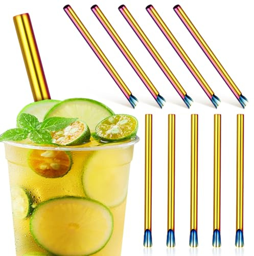 HANABASS 10 Stück Edelstahl Strohhalme, Wiederverwendbare Metall Trinkhalme für Bubble Tea Perlen, Bunte Slush Löffelhalme für Smoothies und Eisgetränke