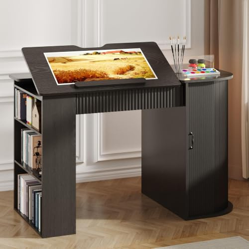 TinFrey Zeichentisch mit neigbarer Platte, Regal und Schrank, Schwarz | Neigbare Tischplatte, Regal mit 3 Fächern, Schrank mit Tür, Ablageleiste, Für Zeichnen und Malen