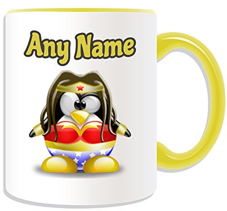 Tazza regalo personalizzabile – Wonder Woman (personaggio dei cartoni animati del pinguino, opzioni di colore) – qualsiasi nome messaggio sul tuo unico – stupida divertente novità Kawaii umorismo