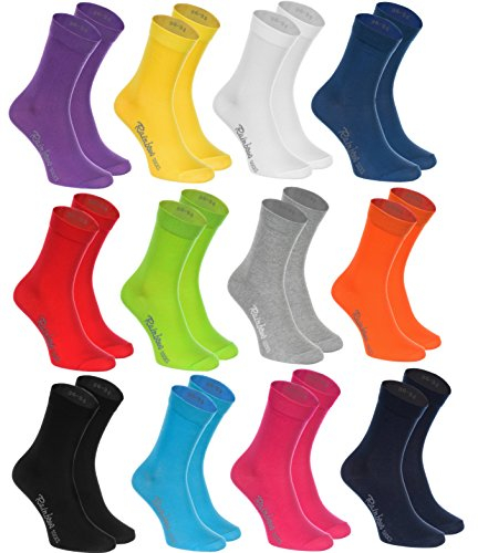 Rainbow Socks - Damen Herren Klassische Bunte Baumwolle Socken - 12 Paar - Schwarz Weiß Grau Lila Blau Marine Jeans Orange Rot Gelb Grün Fuchsie Grün - Größen 44-46