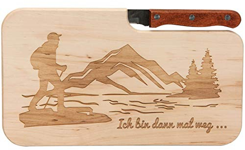 Spruchreif | Holz- Brotzeitbrett mit Messer und Gravur „Ich bin dann mal weg...“ | Perfekte Geschenkidee für Wanderer & Outdoor-Fans