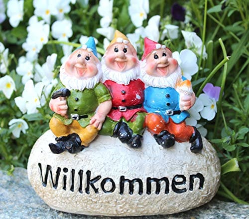 LB H&F Gartenzwerge Dekofigur lustige Zwerge WILLKOMMEN Gartendeko Figur - wetterfest - frostsicher Gartenzwergeset Außenbereich (Stein)