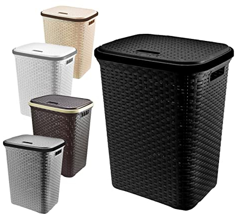 A406 Large Plastic Rattan Laundry Basket Clothes Hamper Linen Storage Lidded Bin Box Laundry Supplies Holder Tidy (Black-Rattan)