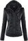 Newbestyle Faux Leather Jacket for Women Hooded Moto Biker Jacket Full-zip Long Sleeve Outwear Tops Black 3XL