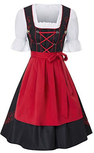 JASAMBAC Damen Dirndl midi 3-teiliges Trachtenkleid Trachtenrock Kleid Dirndlbluse für Oktoberfest, Karneval Rot XL