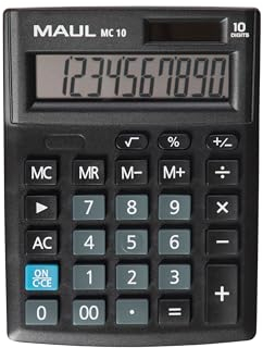 MAUL Taschenrechner MC10 | großes, angewinkeltes Display | 10 Stellen | Profi-Tischrechner für Büro, Zuhause, Schule | Solarbetrieben | inklusive Batterie | 13,7 x 10,3 cm | Schwarz