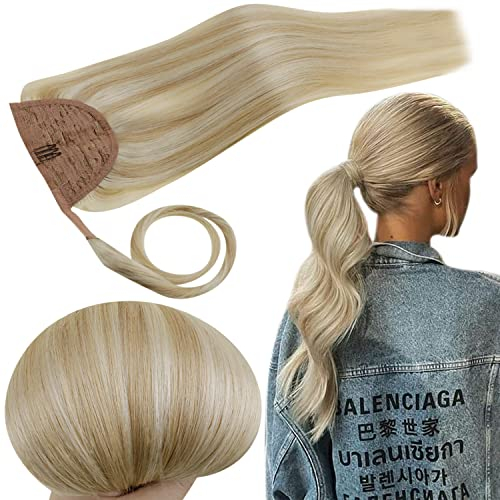 RUNATURE Echthaar Zopf Blond Highlight Haarverlängerung 30cm Kurz Ponytail Extension Echthaar Aschblond Mit Blond Remy Menschliches Haar Pferdeschwanz Haarteil Echthaar 70g #18P613