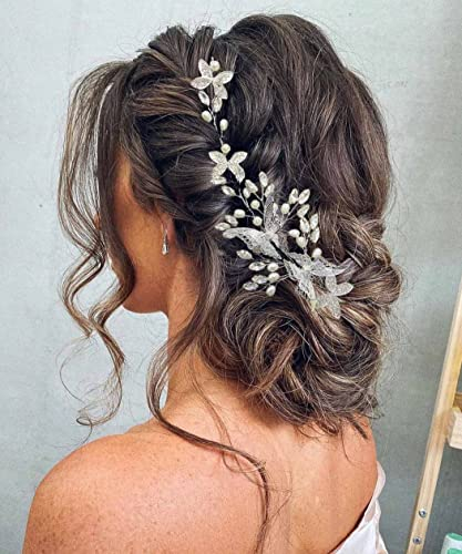 Unicra Haarschmuck mit Schmetterlingen, Brautschmuck, silberfarbener Kristall, Haarschmuck, Perlen, Braut-Stirnband, Kopfschmuck für Damen und Brautjungfer