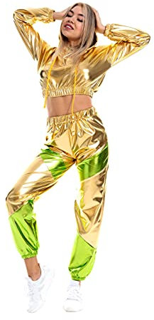 Odizli Jogginganzug Damen Set Glitzer Metallic 70er 80er 90er Jahre Outfit Langarm Kapuzen Bauchfrei Crop Top+Cargohose Jogginghose 2tlg Trainingsanzug Fitness Gym Workout Sportanzug Golden Grün S