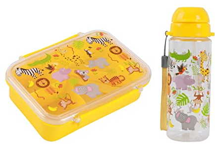 I-Drink – Bundle Lunch box + Borraccia Tritan 400ml, per Bambini, Porta Merenda, Picnic, Scuola, Senza BPA, con Disegni di Infanzia (Animali)