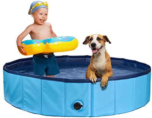 Stabiler Hundepool | Planschbecken für Hunde | Faltbarer Pool mit Ablassventil | rutschfeste Badewanne | Bällebad Kinder | Bälle Bad inkl. Badebürste & Reparaturset - Dog Pool 160x30 (Blue)