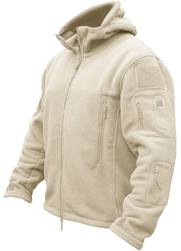 TACVASEN Veste Militaire Homme Veste Tactique Coupe-Vent Veste de Combat Polaire avec Capuche Sweat à Capuche en Polaire d'hiver Beige