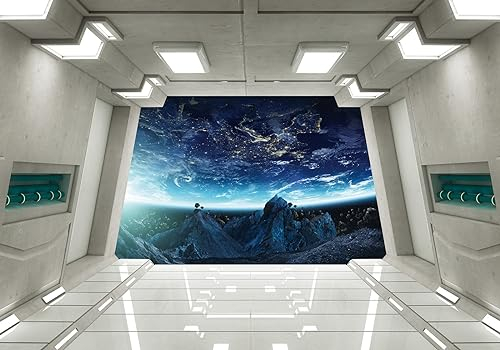 Wesmilewallpapaer Tapete Fototapete 3D Effekt Planet Raumschiff Korridor Sci Fi 400x280cm Seide Vliestapete Wandbilder Wanddeko Wohnzimmer Schlafzimmer