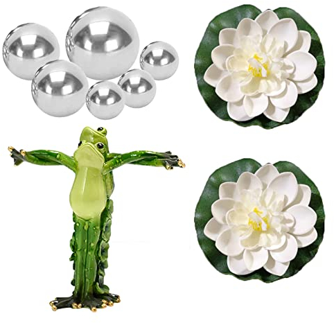 PLATEYTR Set mit 9 Miniteich Deko Set Schwimmfrosch mit für Miniteich Terrassenteich Zinkwannen Solarbrunnen Garten Balkon Teiche Deko 1 Frosch、6 Schwimmkugeln und 2 Schwimmend Lotusblüte(A-04)