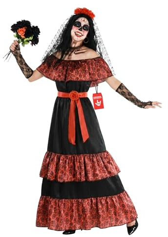 Morph Deguisement Catrina Femme, Costume Jour des Morts Halloween | Robe Rouge, Gants, Ceinture & Serre-Tête à Voile, Style Jour des Morts, Parfait pour Halloween, Idéal pour se Déguiser
