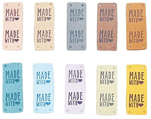 Guoguonb 50 Stück Handmade Leder Etiketten Tags Rechteckig Nähen Tuch Etiketten Label Nähen mit 4 Löchern Hand Made Label für Nähen Knopf DIY Basteln Scrapbooking Kleidung Zubehör，5x2cm