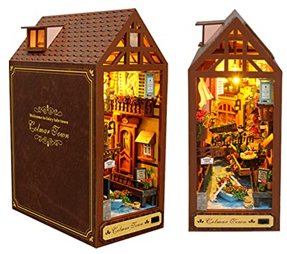 Kit de Bricolage pour Coin de Livre avec Lumière LED et Meubles, Maison de Poupée en Bois à Faire Soi-même, Kit de Construction de Puzzle, Décoration d'Étagère