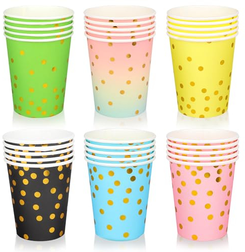 Fowecelt 60pcs 9 Ounce Gold Polka Dot Paper Cups Coloured Paper Cups, Picnic Cups Disposable Cups Neon Party Cups Multicolor Dessert Cups for Birthday Party Supplies