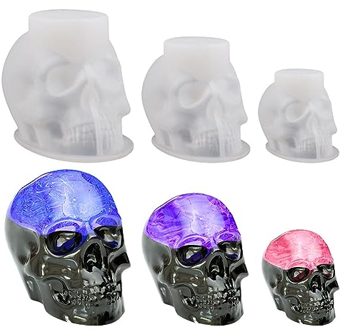 Surakey Lot de 3 Moule en Silicone Crâne, 3D Tete de Mort Moule Bougies Silicone, Fabrication de Bougie Moule Halloween, Moule en Résine époxy pour Décoration Halloween, Artisanat d'art en Resine