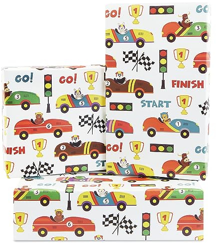 Geschenkpapier mit Rennwagen Motiven für Kinder, Jungen, Männer, 4 Blatt 50 x 70 cm Tiger Hase Panda Geschenkpapier für Rennwagen-Thema, Geburtstagsparty, Babyparty, Urlaub, Weihnachten