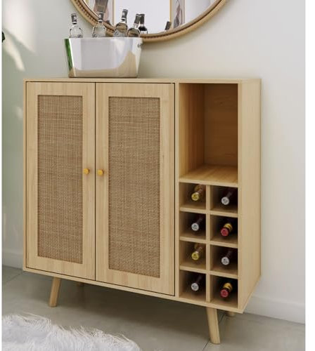 Atlantic Loft & Luv Remy Boho Mid-Century Barschrank mit natürlichen Rattanplatten mit Stauraum, natürliches Finish