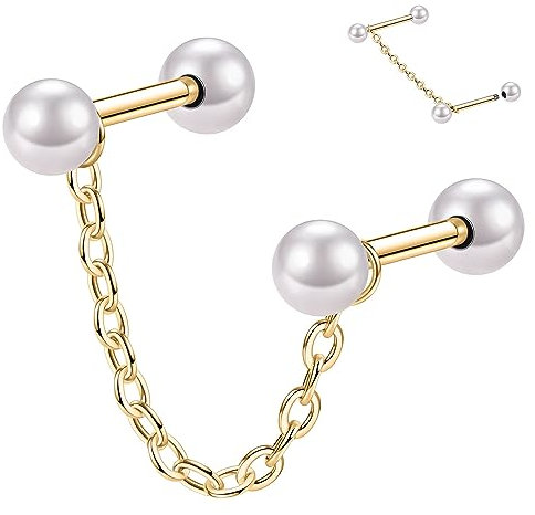 16G Helix Ohrstecker Knorpel Ohrringe Knorpel Ohrstecker Gold Conch Helix Barbell Bar Dangle Chain Ohrring 10mm Ohrläppchen Ohrringe Helix Ohrstecker Knorpel Piercing Schmuck mit Double Pearls Bar