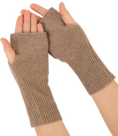 Prettystern Unisex 2-fädige dick gestrickte Kaschmir Fingerlose Handschuhe Pulswärmer Damen Hand-Stulpen braun