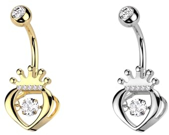 beyoutifulthings Bauch-nabelpiercing SET Silber Gold Herz Krone Zirkonia Clear Nabel-Piercing Chirurgenstahl Bananabell Stab-länge 10-mm