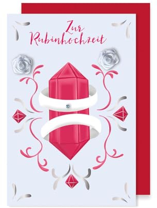 Rubinhochzeit Grußkarte 40 Hochzeitstag Rubin Stoffblüten 16x11cm