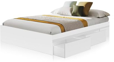 duehome | Cama Doble, Cama con Almacenaje, Modelo Four, Acabado en Blanco Artik, Medidas: 156 cm (Ancho) x 196 cm (Largo) x 37 cm (Alto)