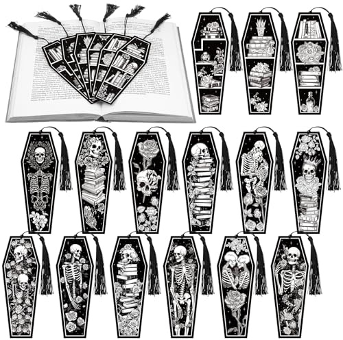 Kolldenn 120 Stück 12 Stile Gothic Skelett Sarg Lesezeichen Doppelseitiges Buch Tracker Totenkopf Horror Lesezeichen Gothic Lesezeichen mit schwarzen Quasten für Leseliebhaber Geschenke Zubehör