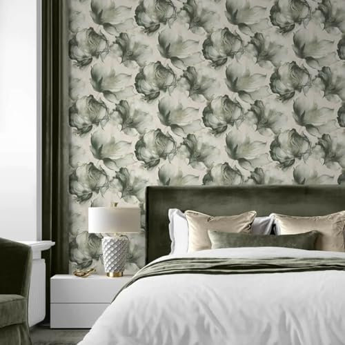 SOPHIE LAURENCE Elysian Floral Wallpaper - Green and Gold Metallic Petals, Washable and Removable, for Bedroom, Living Room, Dining Room - 0.53m x 10.05m Roll