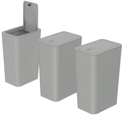 3pcs 9L Slim Dog Proof Bathroom Bin with Lid, Touch Top Toilet Bin for Bedroom, Living Room, Kitchen, Toilet (Grey)