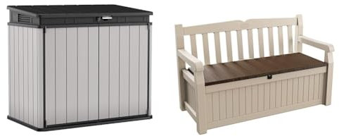 Keter Store It Out Premier XL Outdoor Garden Storage Shed, Grey and Black, 141 x 82 x 123.5 cm & Eden Bench 265L Outdoor 60% recycled Garden Furniture Storage Box Beige