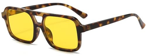 Laurinny Retro Quadratische Sonnenbrille Damen Herren 70er Jahre Vintage Trendy Brille Klassisch mit Double Brücke Sonnenbrille(Leopard/Gelb)