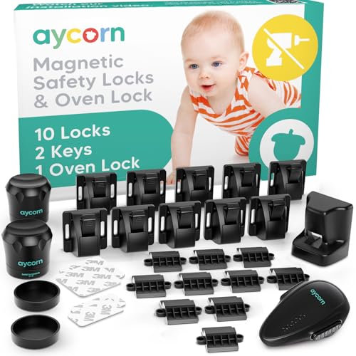 Aycorn Magnetisches Schrankschloss& Backofen Kindersicherung - Kindersicherung Schubladen & Schranksicherung Baby ohne Bohren - Einfache Montage, BONUS Video - 10 Schlösser, 2 Schlüssel, 1 Ofenschloss
