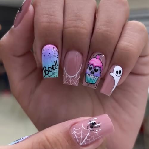 Caiguoer 24 Pcs Ghost Cobweb Halloween Fake Nails Square Short False Nails Press on Nails for Women and Girls (A, One Size)