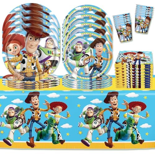 Ensemble de 51 pièces pour fête d'anniversaire à thème, vaisselle de fête d'histoire, vaisselle d'anniversaire pour enfants, assiettes en carton, tasses, nappe, serviettes, ensemble de fête